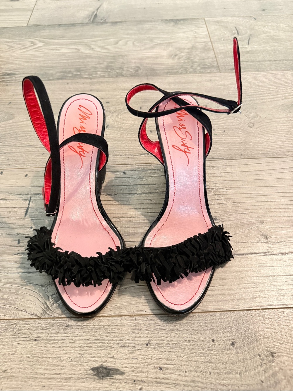 Miss Sixty Black Fringe Ankle-Strap Heels with Pink Insoles